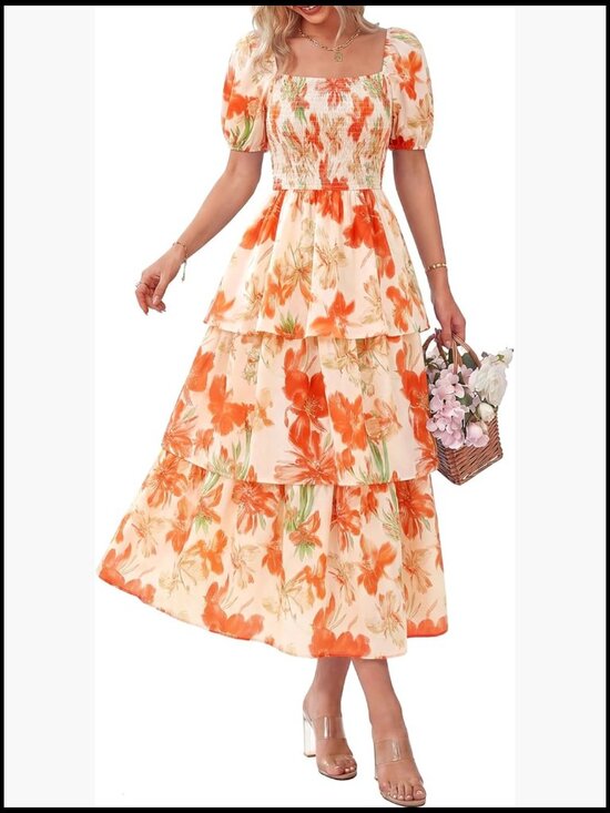 Dresses & Skirts - Square Neck Smocked Dress Puff Short Sleeve Floral Maxi Wedding Guest